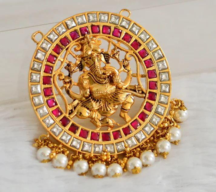 Gold tone Pink White Kundan Jadau Ganesha Pearl bead Round Pendant set